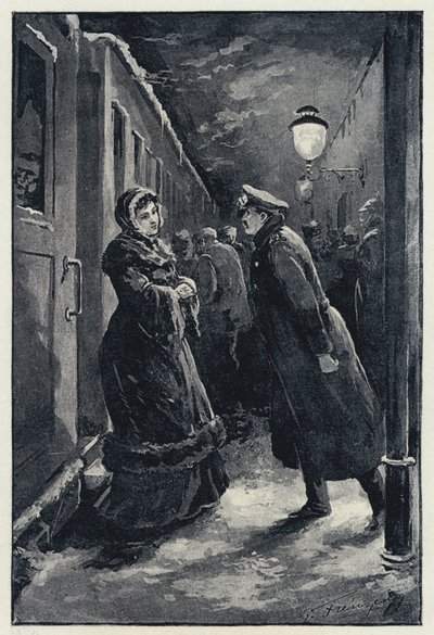 Ilustracja do Anny Kareniny: Wroński spotyka Annę na dworcu (lito) autorstwa Paul Frenzeny