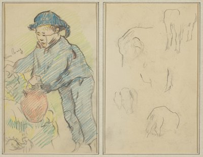 Bretoński chłopiec z dzbanem; Pięć form zwierzęcych [verso] autorstwa Paul Gauguin