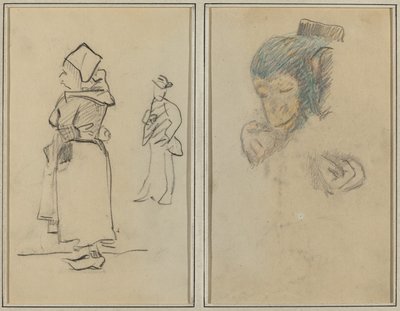 Bretonka i stojący mężczyzna; Głowa i ręka małpy [rekto] autorstwa Paul Gauguin