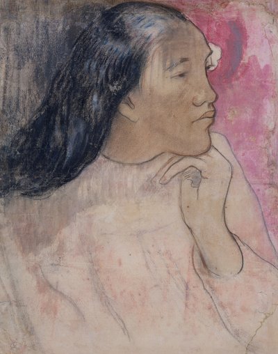 Tahitańska kobieta z kwiatem we włosach, 1891-92 (węgiel, pastel i pranie) autorstwa Paul Gauguin