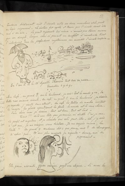 Avant et après - tekst i rysunki „le petit mignon” i jego psów w Cytherze oraz dwie głowy (autoportret?) w kawiarni autorstwa Paul Gauguin