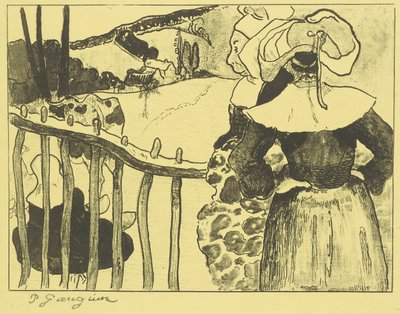Bretonische Frauen neben einem Zaun autorstwa Paul Gauguin