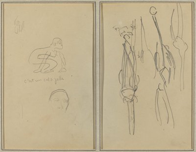 Przyczajona małpa i głowa mężczyzny; Kości i Mięśnie [verso] autorstwa Paul Gauguin