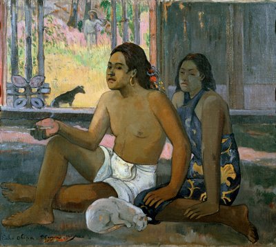 Eiaha Ohipa (Nie pracuj. Tahitanie w pokoju). Mężczyzna i kobieta z Tahiti pozują w domu. U ich stóp śpi biały kot. Obraz Paula Gauguina (1848-1903) autorstwa Paul Gauguin