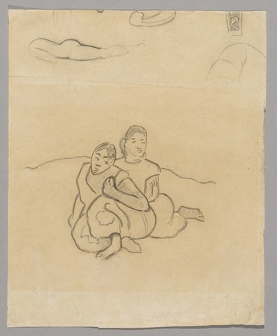 Fragmenty ciał, dekoracyjny wzór i dwie przyczajone Tahiti w krajobrazie związanym z Nafea Faaipoipo autorstwa Paul Gauguin