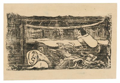 Wnętrze chaty tahitańskiej, z zestawu późnych rycin drewnianych autorstwa Paul Gauguin