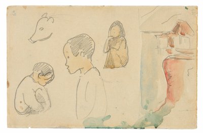 Szkice kucających i stojących postaci, świni i chaty nad wodą autorstwa Paul Gauguin