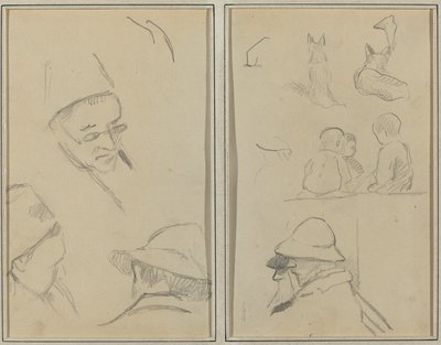 Trzy studia męskich głów, jedno z okularami; Psy, dzieci i dwóch brodatych mężczyzn w profilu [verso] autorstwa Paul Gauguin
