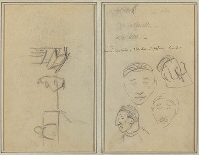 Dwie postacie i ławka; Trzy studia męskiej głowy i jedna ręka [recto] autorstwa Paul Gauguin