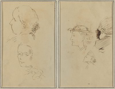 Dwa studia nad głową i przykucnięta naga kobieta; Dwie głowy kobiet i głowa dziecka [recto] autorstwa Paul Gauguin