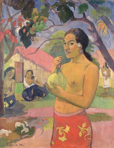 Kobieta Trzyma Owoc; Dokąd idziesz (Eu haere ia oe),1893 (olej na płótnie) autorstwa Paul Gauguin