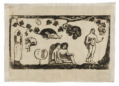 Kobiety, zwierzęta i liście z serii późnych drzeworytów autorstwa Paul Gauguin