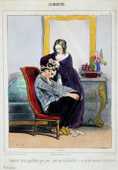 Matka nakłada lokówki na swojego syna. Rysunek Paula Gavarniego (1804-1866) XIX-wieczny Paryż, sztuka dekoracyjna autorstwa Paul Gavarni