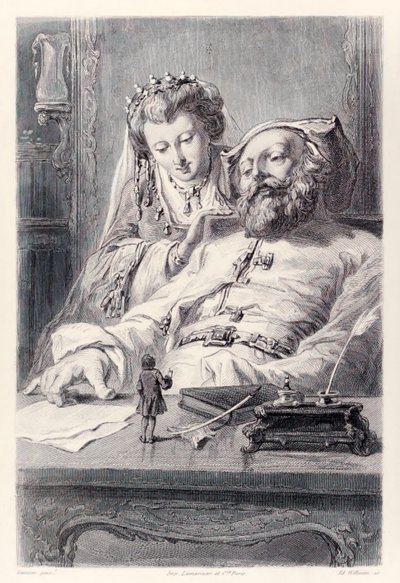 Frontispiece z francuskiego wydania „Gullivers Travels” autorstwa Jonathana SwiftaJa odpowiedziałem poprawnie na pytania królów Guliwer oraz król i królowa Brobdingnag. autorstwa Paul Gavarni