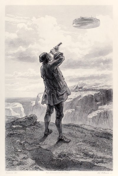 Gulliver po raz pierwszy widzi latającą wyspę Laputa i bada ją przez swój teleskop, z francuskiego wydania Gullivers Travels autorstwa Jonathana Swifta autorstwa Paul Gavarni