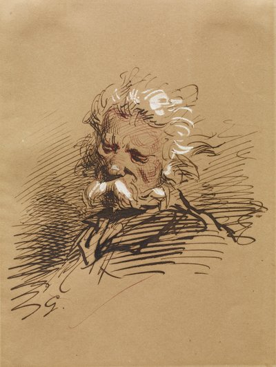 Głowa starca, ok. 1857 (tusz podkreślony bielą na papierze) autorstwa Paul Gavarni