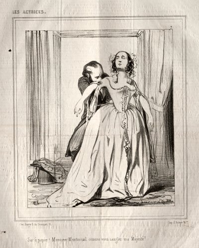 Aktorki: Papierowa torba! Monsieur Montmirail, jak przypinasz moją Wysokość!, 1843. autorstwa Paul Gavarni