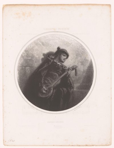 Mężczyzna z banjo śpiewa i gra serenadę Serenade Espagnole (tytuł na obiekcie) Ilustracje do piosenek Jeanne Gavarni (tytuł serii) Illustrations des Melodies de Madame Jeanne Gavarni (tytuł serii) autorstwa Paul Gavarni