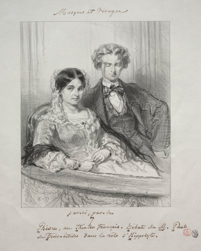 Maski i twarze: Paric, par-la: Fedra w Théâtre-Francais Debiut M. Paul de Trois-Etoiles w roli Hippolyte autorstwa Paul Gavarni