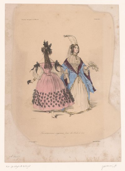 Dwie kobiety w sukniach balowych Transvestissemens originaux pour les Bals de 1834 (tytuł na obiekcie) Pomysłowe ubrania (tytuł serii) Fantazje (tytuł serii na obiekcie) autorstwa Paul Gavarni