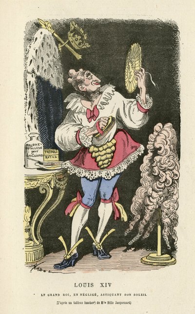 Ilustracja przedstawiająca Hadol (1835-1875) w tintamarresque Histoire de France, ca. 1880 - Makijaż, Stary reżim, Słońce, Peruka - Ludwik XIV autorstwa Paul Hadol