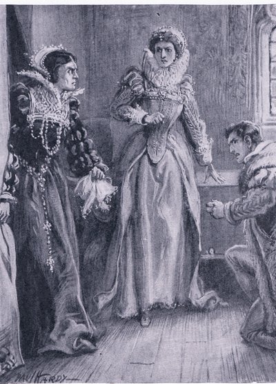 Królowa Mary Elżbieta i Courtenay odpowiem na to pytanie zawołała Mary odrzucając Arras, ilustracja z The Worlds Library of Best Books, c.1940 autorstwa Paul Hardy