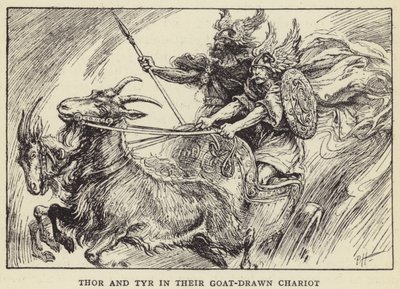 Thor i Tyr w swoim rydwanie ciągniętym przez kozy autorstwa Paul Hardy