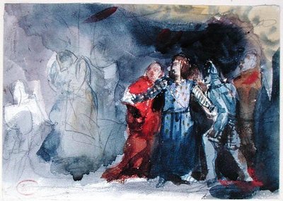 Duch króla ukazujący się Hamletowi, scena z I aktu „Hamleta” Williama Szekspira (1564-1616) (akwarela na papierze) autorstwa Paul Huet