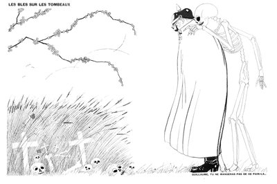 Śmierć mówiąca Kaiserowi Wilhelmowi, że nigdy nie będzie jadł chleba z pszenicy wyhodowanej na zwłokach i grobach francuskich żołnierzy, 13 kwietnia 1916 autorstwa Paul Iribe