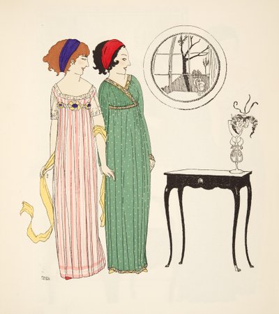 Dwie sukienki dzienne w stylu empire z pubu Les Robes de Paul Poiret. 1908 (odbitka szablonowa) autorstwa Paul Iribe