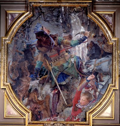 Wizja świętego Huberta, który udał się na polowanie do lasu, w cudowny sposób ukazuje Boga w postaci jelenia. Marufl na płótnie autorstwa Paula Jacquesa Aime Baudry (1828-1886) 1882 Ndz. 2,3x2,06 m Chantilly, Musee Conde autorstwa Paul Jacques Aimé Baudry