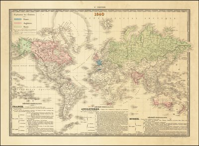Francuska mapa świata z 1840 r. przedstawiająca terytoria imperiów brytyjskiego, francuskiego i rosyjskiego autorstwa Paul Kaeppelin