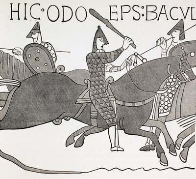 Biskup Edues trzymający batutę i zachęcający żołnierzy księcia Normandii w bitwie pod Hastings. Na podstawie szczegółu z gobelinu z Bayeux. autorstwa Paul Lacroix