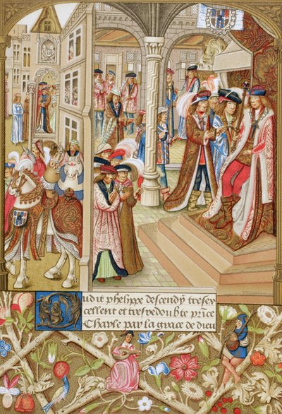 Karol Śmiały, książę Burgundii w latach 1433-1477, siedzący na tronie w towarzystwie baronów i radnych. Na podstawie XV-wiecznego rękopisu, skrócone kroniki Burgundii. autorstwa Paul Lacroix