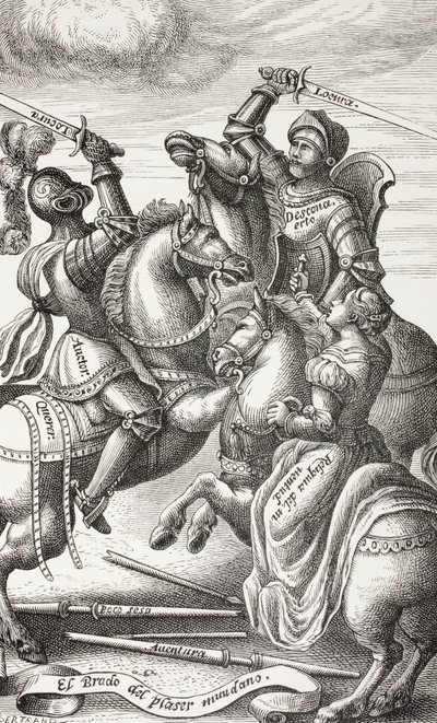 Rycerstwo reprezentowane przez alegoryczne postacie. Rycerze walczący na koniach. Według miedziorytu z XVI wieku. autorstwa Paul Lacroix