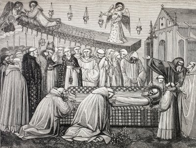 Śmierć świętego Benedykta z Nursji lub San Benedetto Da Norcia, 480-547, w opactwie na Monte Cassino. autorstwa Paul Lacroix
