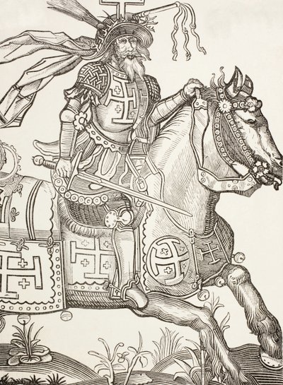 Godfrey z Bouillon, ok. 1060-1100, średniowieczny rycerz frankoński. Przywódca pierwszej krucjaty. Tutaj ukoronowany narzędziami męki Chrystusa. Według XV-wiecznego drzeworytu. autorstwa Paul Lacroix