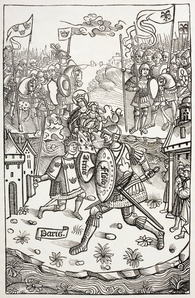 Król Artus lub Artur, chroniony przez Dziewicę, walczący z olbrzymem. Według drzeworytu w Chroniques De Bretagne, autorstwa Alaina Boucharda, opublikowanego w 1514 roku. autorstwa Paul Lacroix