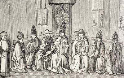 Piotr Pustelnik przekazujący przesłanie Symeona, patriarchy Jerozolimy, papieżowi Urbanowi Ii. autorstwa Paul Lacroix