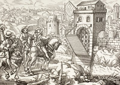 Oblężenie miasta. Oblegająca armia odczytuje warunki poddania się miasta i otwarcia bram. autorstwa Paul Lacroix