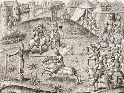 Tilting At A Quintain, The Revolving Effigy of a Knight. Na podstawie miniatury z XV-wiecznego Chroniques De Charlemagne. autorstwa Paul Lacroix