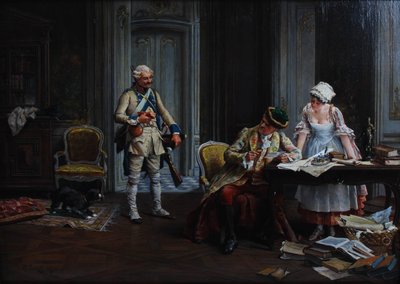Le Billet de Logement. Olej na płycie, sygnowany i datowany P Jazet 1879 autorstwa Paul Léon Jazet