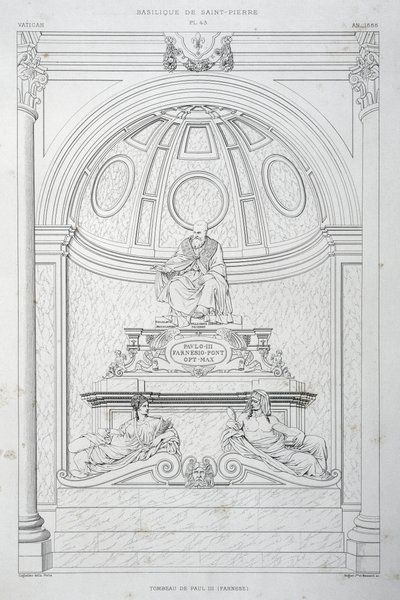 Pomnik nagrobny papieża Pawła III (Farnese), rycina z Watykanu i Bazyliki św. Piotra autorstwa Paul Marie Letarouilly