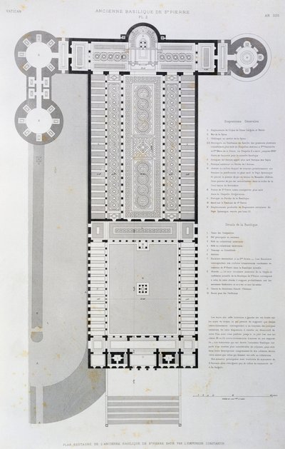Odrestaurowany układ starej bazyliki zbudowanej przez cesarza Konstantyna, ryciny z Watykanu i Bazyliki św. Piotra autorstwa Paul Marie Letarouilly