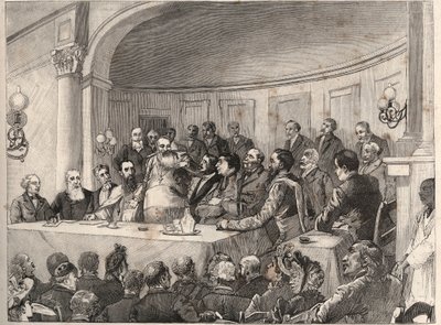 Kongres Przeciw Niewolnictwu, który odbył się w Paryżu w dniach 21, 22 i 23 września 1890 r. w Towarzystwie Geograficznym w obecności Julesa Simona, Emila Kellera i Monseigneur Lavigerie. Grawer na podstawie rysunku Paula Merwarta w „The Illustrous World”  autorstwa Paul Merwart