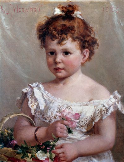 Dziewczyna w koszyku czyli Helene Loeb, przyszła Madame Victor Lyon, w wieku dwóch lat Obraz Paula Merwarta (1855-1902) XIX-wieczne słońce. 0,46x0,38 m² autorstwa Paul Merwart