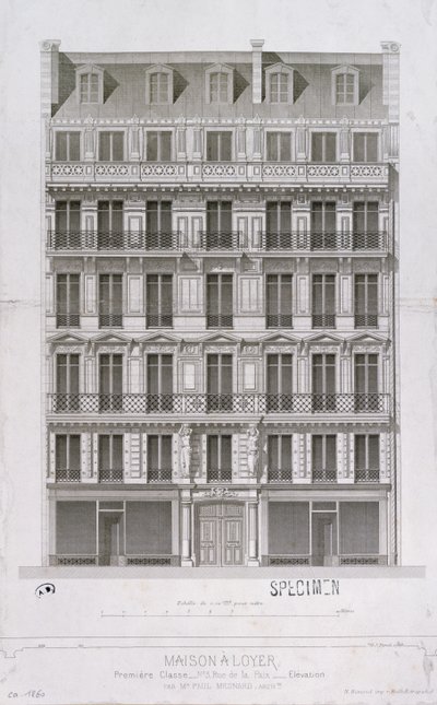 Projekt bloku mieszkalnego w stylu Haussmanna przy rue de la Paix, Paryż, ok. 1860 autorstwa Paul Mesnard