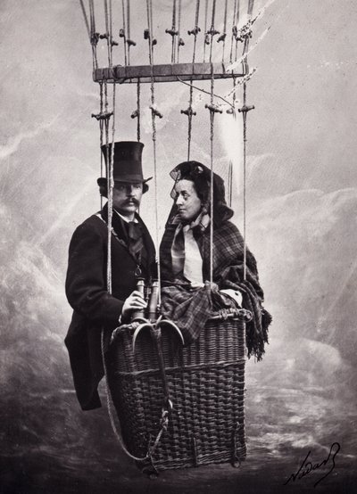Paul Nadar i jego żona w koszu balonu (balon na ogrzane powietrze) (zdjęcie czarno-białe) autorstwa Paul Nadar
