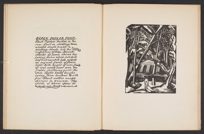 Black Poplar Pond, ilustracja z "Places. 7 grafik reprodukowanych z klocków zaprojektowanych i wygrawerowanych przez Paula Nasha, z ilustracjami prozą". Londyn, William Heinemann autorstwa Paul Nash