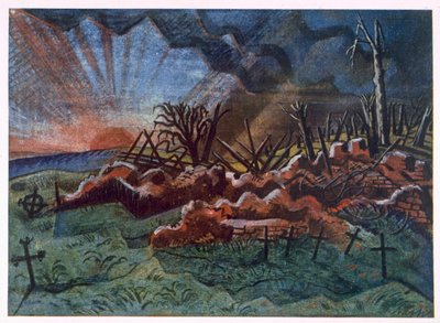 Wschód słońca, ruiny hospicjum, na północny zachód od Wytschaete, zniszczone przez bombardowanie w 1917, z British Artists at the Front, Kontynuacja Frontu Zachodniego, część trzecia, Paul Nash autorstwa Paul Nash